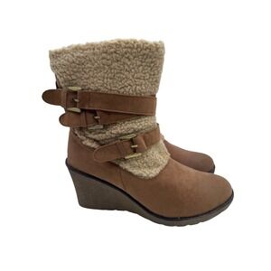RuffHewn Birch Wedge Boots Womens 9M Brown Sherpa Ankle Buckle Faux Suede Zip